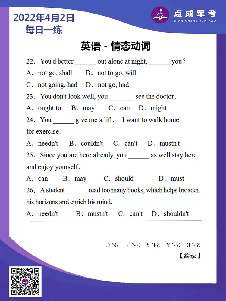 2022年4月2日每日一练｜英语-情态动词